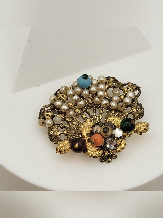 Jewelry - Vintage Miriam Haskell Style Hand Wired Faux Pearl Multicolor Glass Bead Brooch